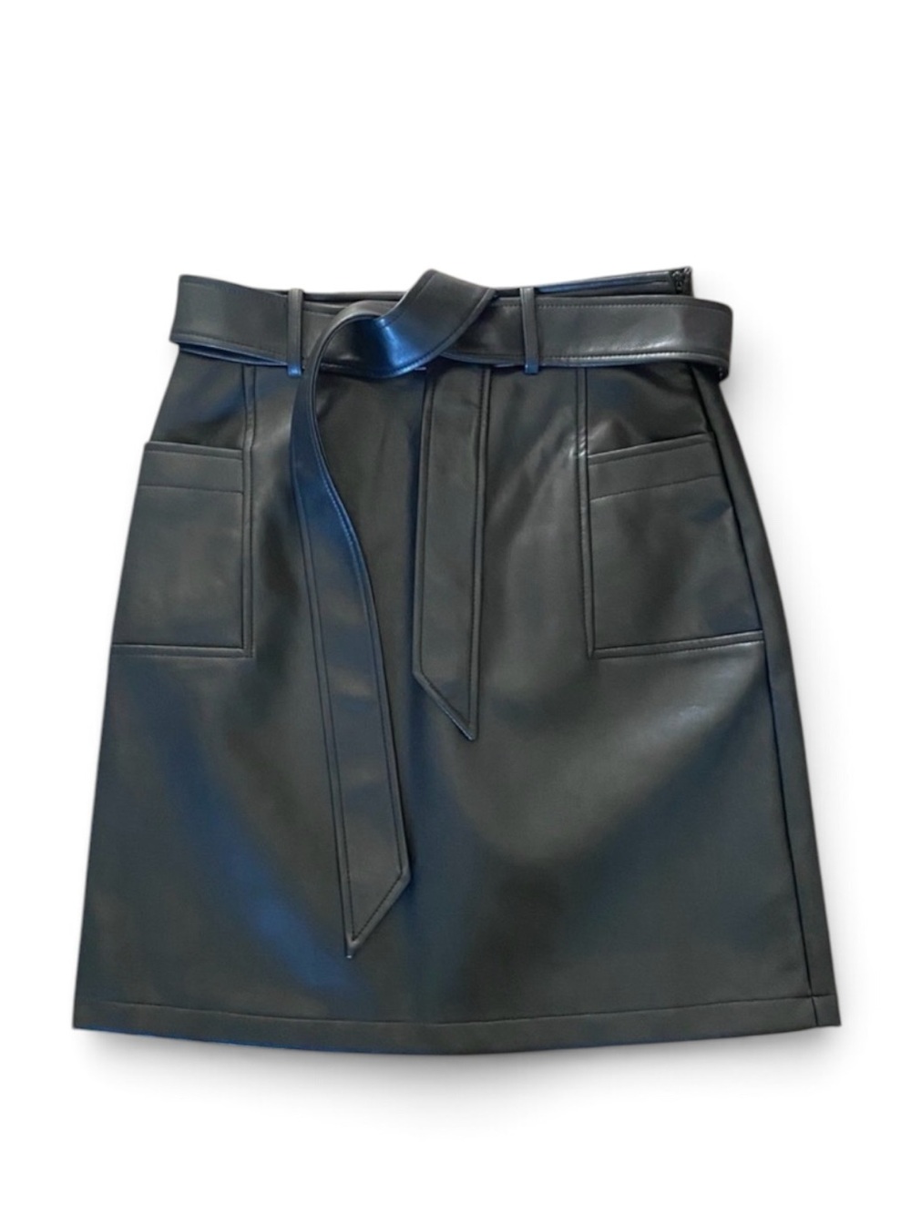 Bagatelle Collection Black Faux Leather Moto Belted A-Line Mini Skirt L
